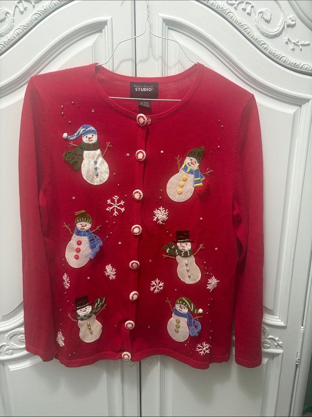 Designers Originals Red Holiday Snowman Cardigan Sweater - Large